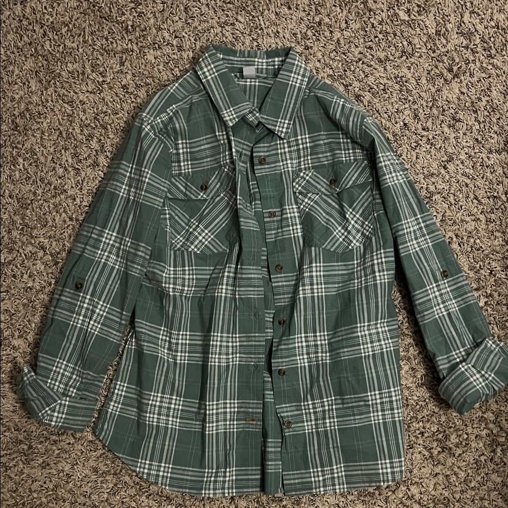 Women’s Carhartt Green Plaid Button Down Shirt, Sun shirt, long sleeve